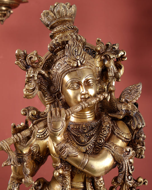 Pure Brass Krishna with cow large idol 26" venugopal statue