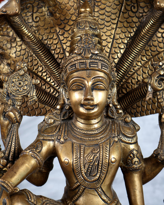 Superfine Brass Vishnu with Bhudevi and Sridevi Sitting Under Sheshanaaga - 20.5"