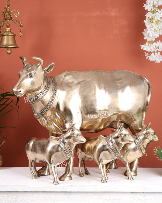 Pure Brass Large Gomatha (Cow) Statue Protecting Her Calves – Symbol of Nurturing Divinity