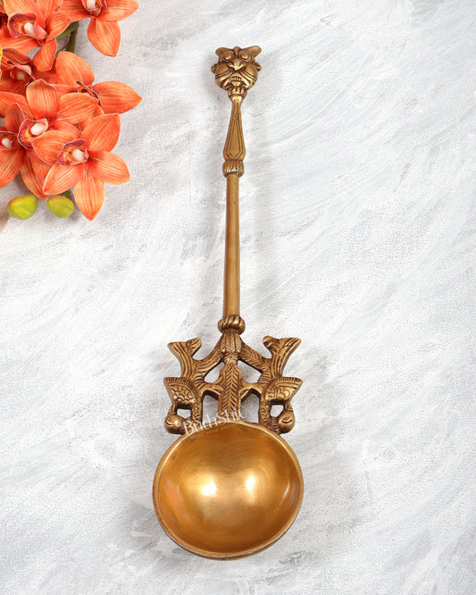 Brass Large Pooja Spoon (Hawan Chamach) – Yali Design Handcrafted Ritual Spoon (17.25 Inches)