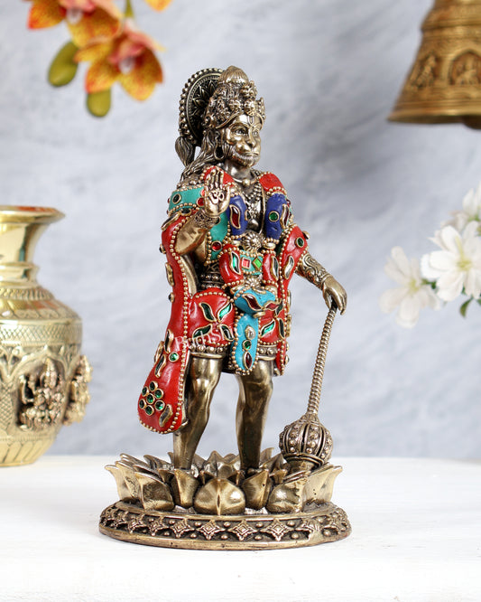 Brass Standing Hanuman Idol – Superfine Carvings 8 inch with meenakari