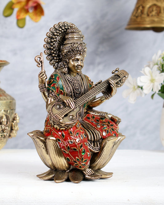 Intricate Superfine Brass Saraswati Idol - 8" Tall multicolour