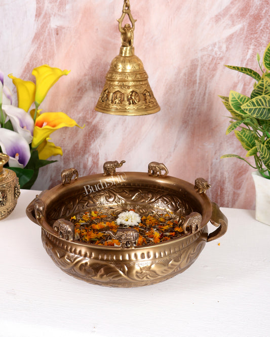 Pure Brass Urli with Elephant Motifs – Lightweight Antique Tone Decorative Bowl (11 Inches)