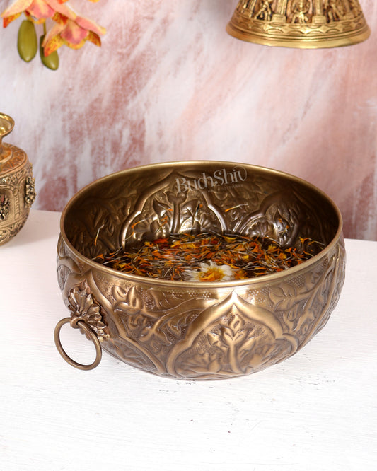 Traditional Brass Urli with Handles – Lightweight Antique Finish Decorative Bowl (12 Inches)