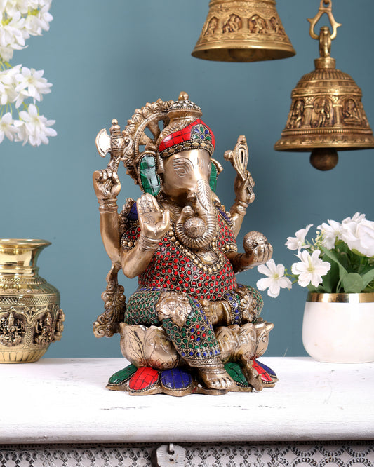 Brass Ganesha idol with trunk on right side 12 inch with stonework valampuri