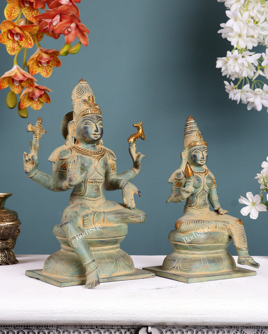Brass Lord Shiva and Parvati Idols majestic idols | 11.5 Inch Green
