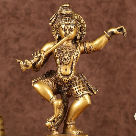 Ancient Form Brass Dancing Krishna Idol | Height: 9 inch - Budhshiv.com