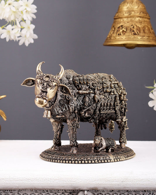 Antique Brass Superfine Kamdhenu Cow with Calf – Engraved Divine Vastu Showpiece (10 Inches) - Budhshiv.com