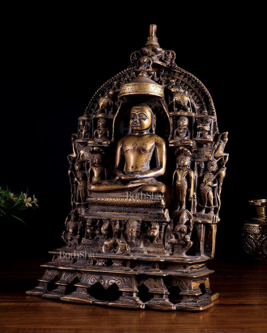 Antique Bronze Mahavir Ji with Jain Tirthankaras | Rustic Handcrafted Sculpture 16 inch - Budhshiv.com