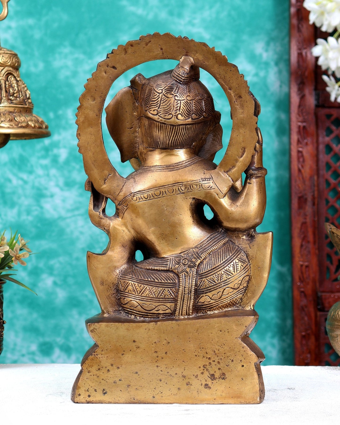 Antique Finish Brass Unique Ganesha Statue Playing Flute 13.1 inch - Budhshiv.com