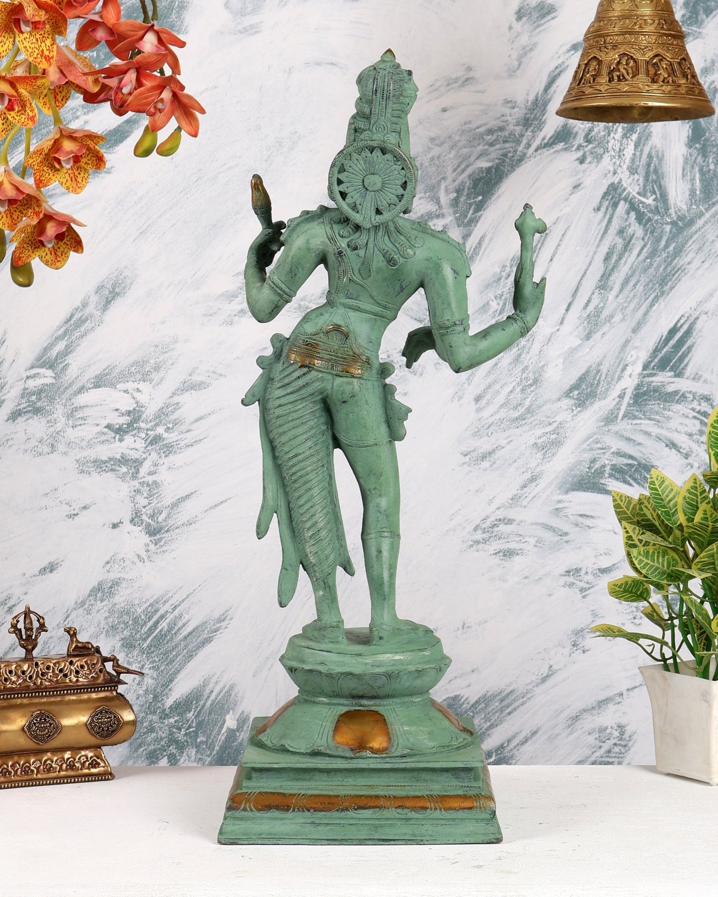 Ardhanarishwara Shiv Parvati as one Brass statue 23" green patina - Budhshiv.com