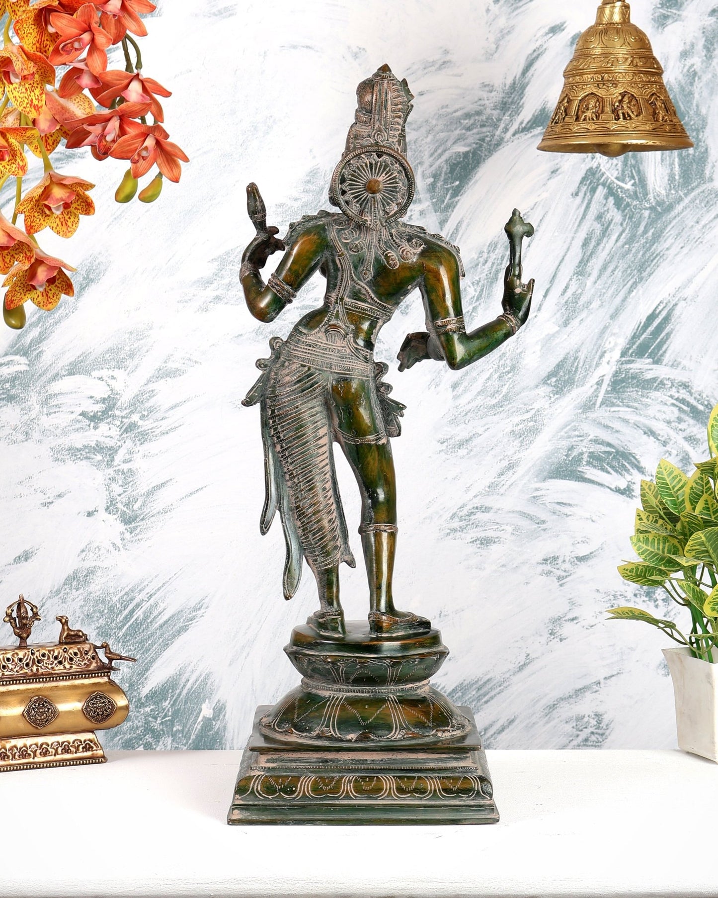 Ardhanarishwara Shiv Parvati as one Brass statue 23" Vintage patina - Budhshiv.com