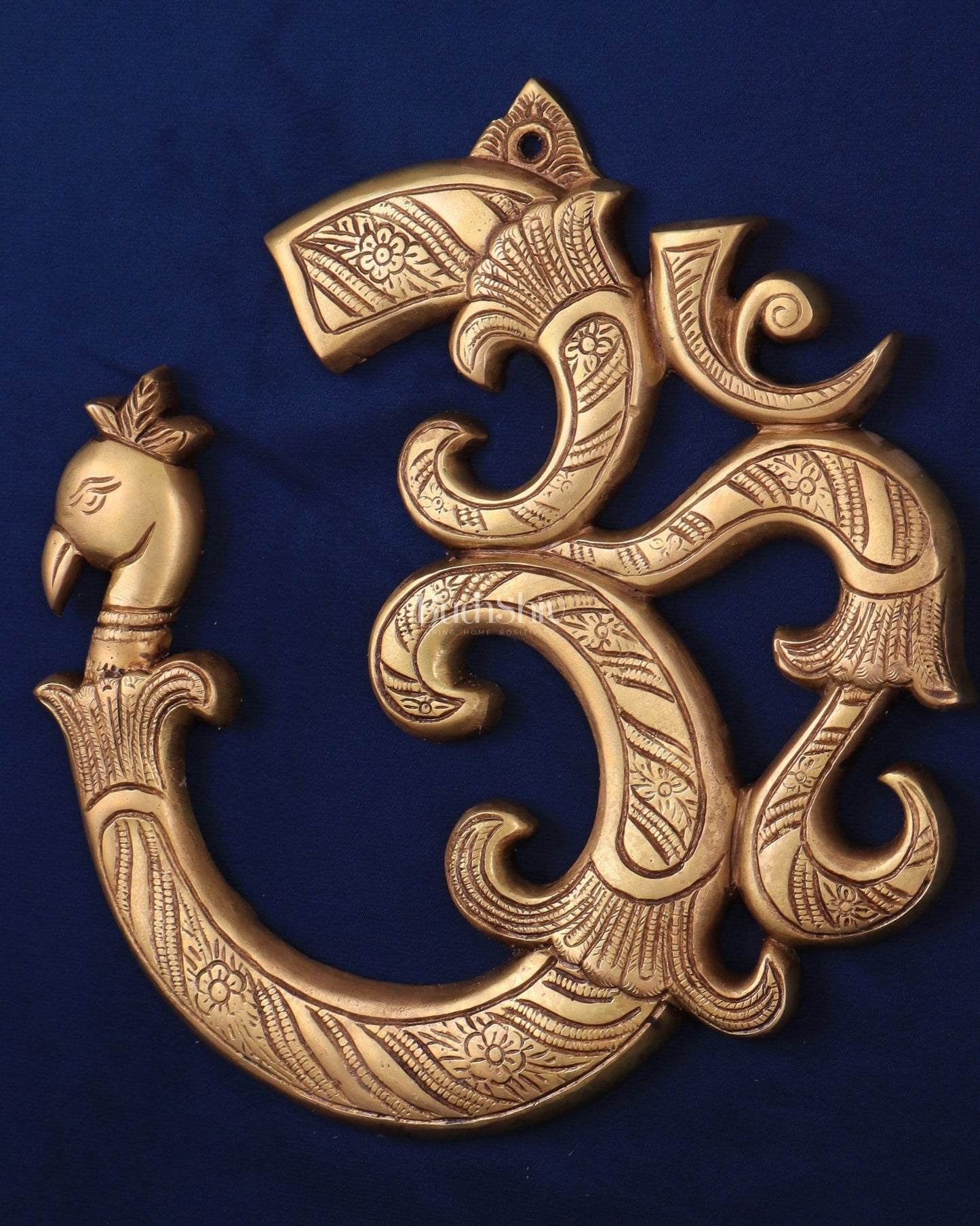 Auspicious brass Om Wall Hanging with Peacock Design - 12 Inches - Budhshiv.com