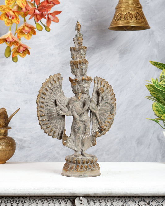 Avalokiteshvara Brass Statue with Eleven Heads & Multiple Arms 14 inch - Budhshiv.com