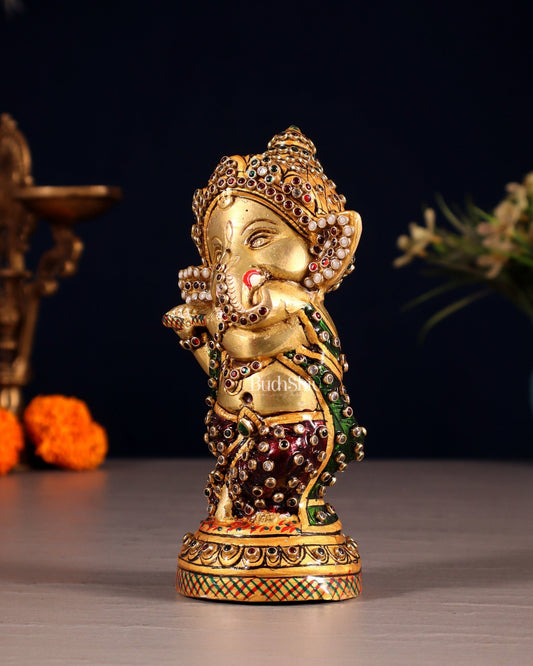 Baby Flute Ganesha Brass Idol laakh meenakari 5.5" - Budhshiv.com