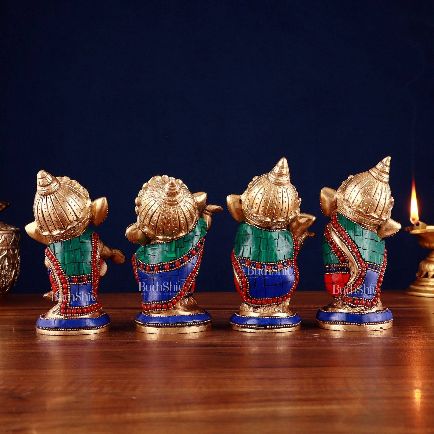 Baby Ganesha Brass Idols set 5" Stonework - Budhshiv.com