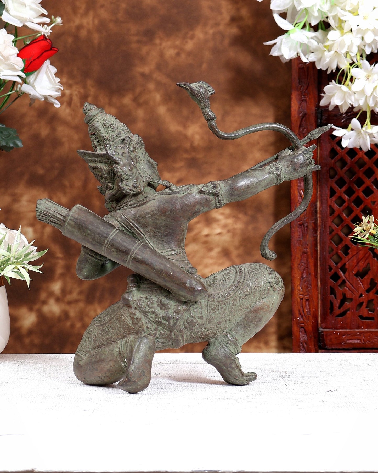 Balinese Bronze Lord Ram Final Arrow Sculpture | Kneeling Rama Defeating Ravana | Handcrafted Bronze Statue 10 inch - Budhshiv.com