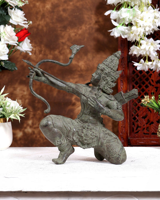 Balinese Bronze Lord Ram Final Arrow Sculpture | Kneeling Rama Defeating Ravana | Handcrafted Bronze Statue 10 inch - Budhshiv.com
