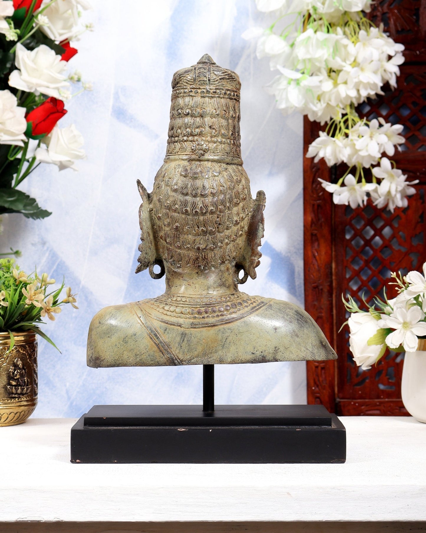 Balinese Bronze Parvati Bust Face Head Statue on Wooden & Metallic Rib Base – Earthen Sand Finish - Budhshiv.com