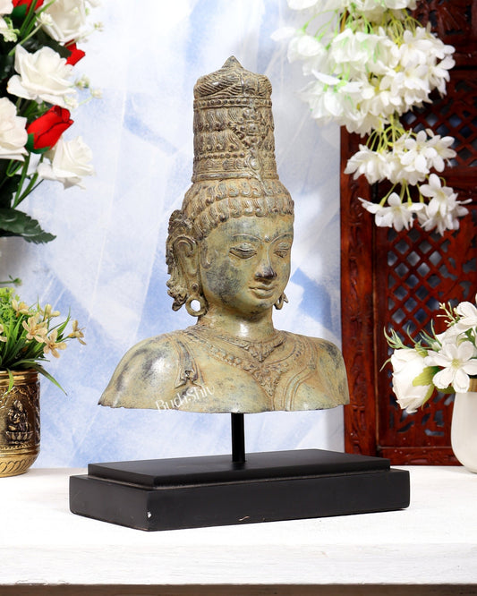 Balinese Bronze Parvati Bust Face Head Statue on Wooden & Metallic Rib Base β Earthen Sand Finish - Budhshiv.com