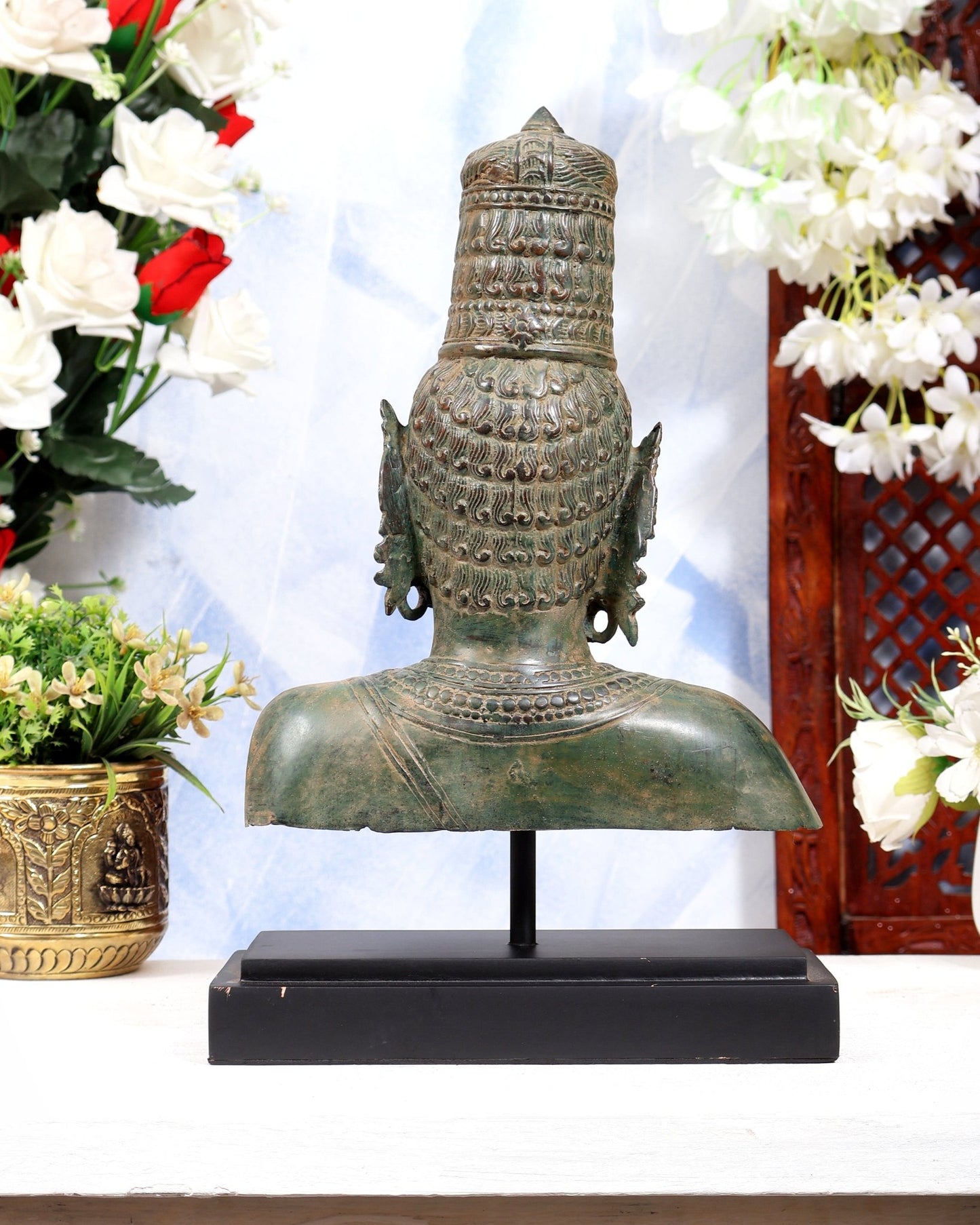 Balinese Bronze Parvati Bust Face Head Statue on Wooden & Metallic Rib Base – Fresh Asiatic Green Patina Tone - Budhshiv.com
