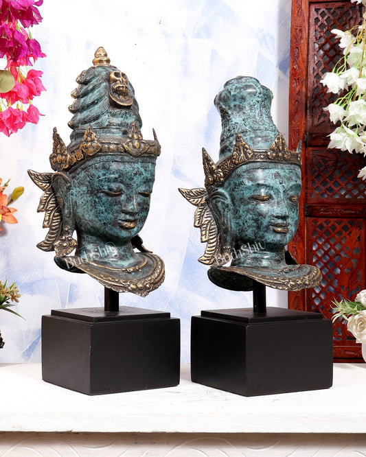 Balinese Bronze Shiva & Parvati Bust Face Sculptures | Divine Pair on Wooden Base | Metal Stand Included 20 inch - Budhshiv.com