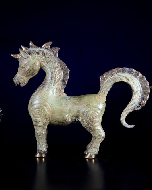 Balinese Bronze Standing unicorn Horse | 14.7" Vintage Pony Showpiece - Budhshiv.com