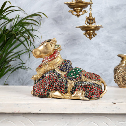 Beautiful Brass Nandi Statue with Intricate Carvings 9.5" with stonework - Budhshiv.com