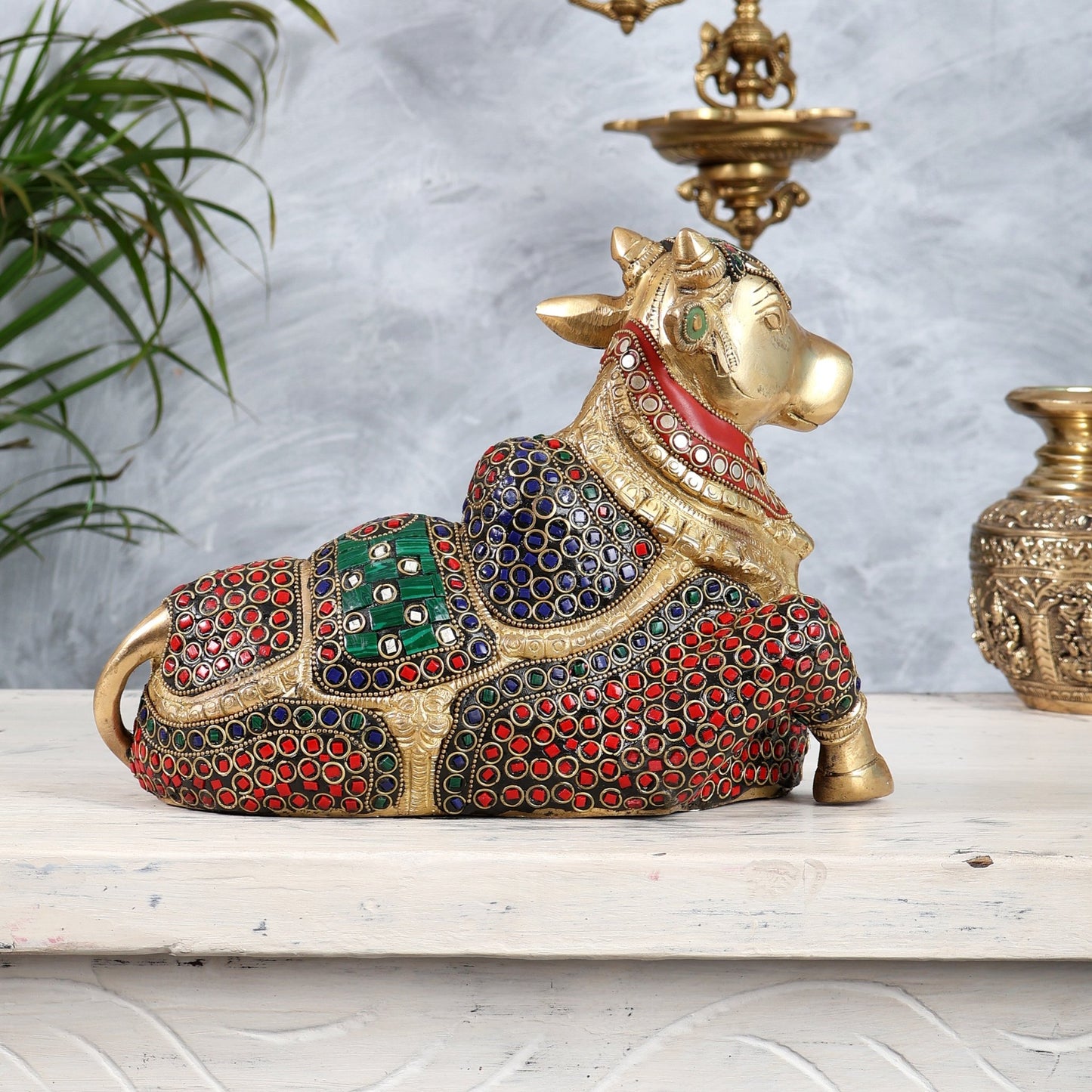 Beautiful Brass Nandi Statue with Intricate Carvings 9.5" with stonework - Budhshiv.com