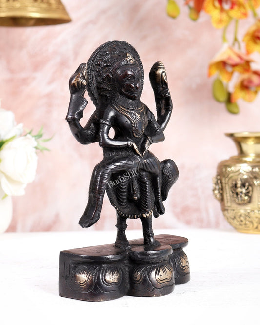 Black Finish Brass Narasimha Killing Hiranyakashyap Idol – Fierce Protection Form (7.5 Inches) - Budhshiv.com
