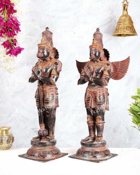 Black Finish Chola Inspired Brass Hanuman & Garuda Statue Pair – Divine Standing Sculptures 24" red sand finish - Budhshiv.com