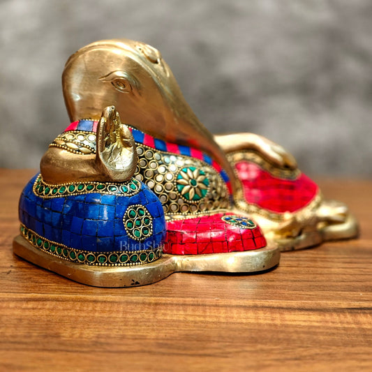 Brass abstract modern design Resting Ganesha statue 11 inch - Budhshiv.com