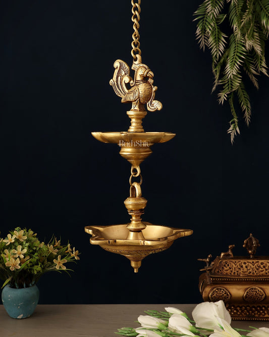 Brass Annam Pakshi Dual Hanging Lamp 27" - Budhshiv.com