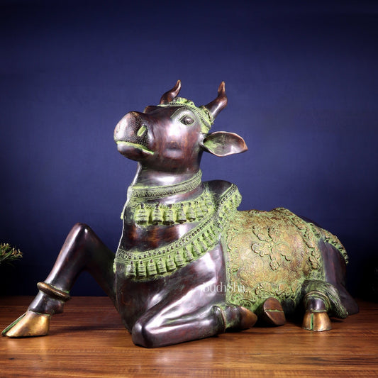 Brass Antique Large Nandi Sculpture | BudhShiv 33" copper and green - Budhshiv.com