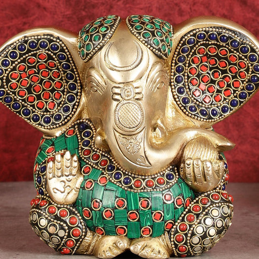 Brass Appu Ganesha Superfine Statue Big ears 6" with multicolour work - Budhshiv.com