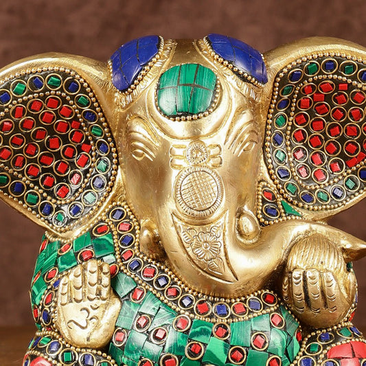 Brass Appu Ganesha Superfine Statue Big ears 6" with multicolour work - Budhshiv.com