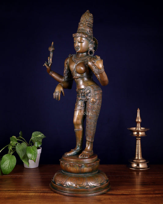 Brass Ardhanarishwara Statue – 27” chola bronze tone - Budhshiv.com