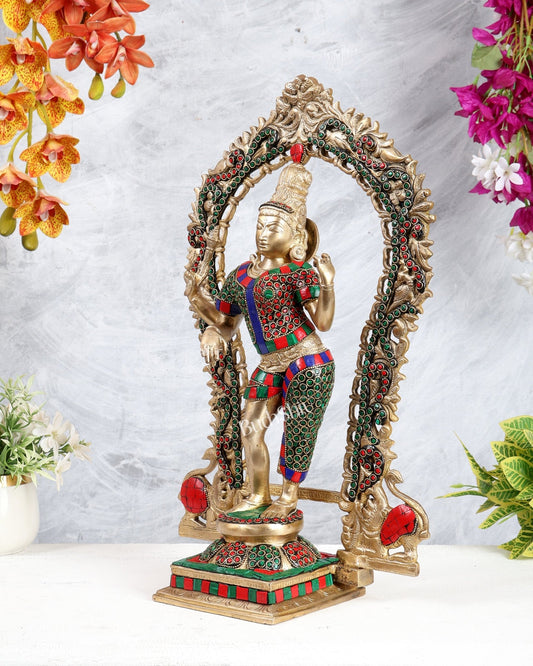 Brass Ardhanarishwara Statue with Prabhavali & Stonework – Divine Shiva Shakti Sculpture (18 Inches) - Budhshiv.com