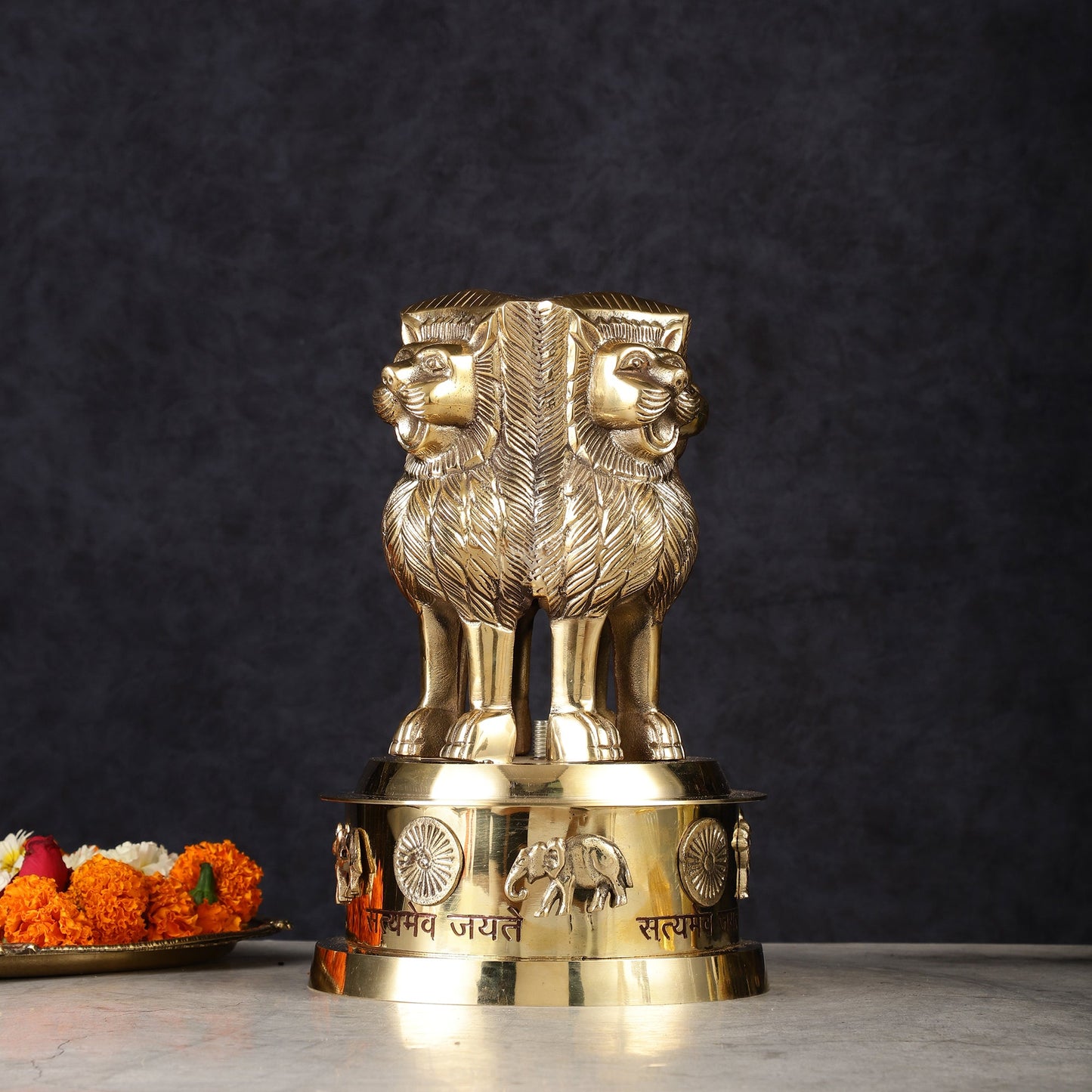 Brass Ashoka Lion Stambh Satyamev Jayate Momento Statue: 9.5" - Budhshiv.com
