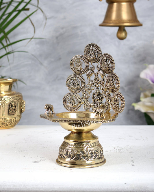 Brass Ashtalakshmi Diya Kamatchi Vilakku 7 Inch | Oil Lamp with Elephants - Budhshiv.com