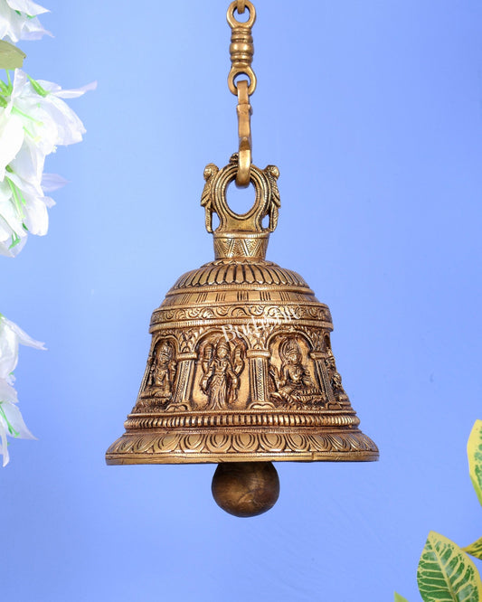 Brass Ashtalakshmi Hanging Bell with Chain – Auspicious Temple Ghanti (32.5 Inches) - Budhshiv.com