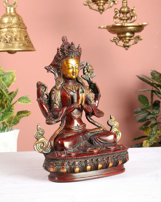 Brass Avalokiteshvara Tibetan Buddha Statue – 4 Armed Chenrezig Copper Tone Bodhisattva 20" - Budhshiv.com