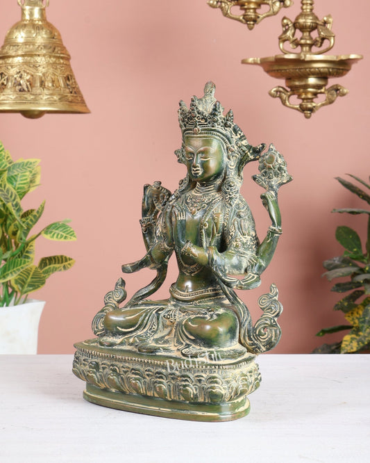 Brass Avalokiteshvara Tibetan Buddha Statue – 4 Armed Chenrezig green Tone Bodhisattva 20" - Budhshiv.com