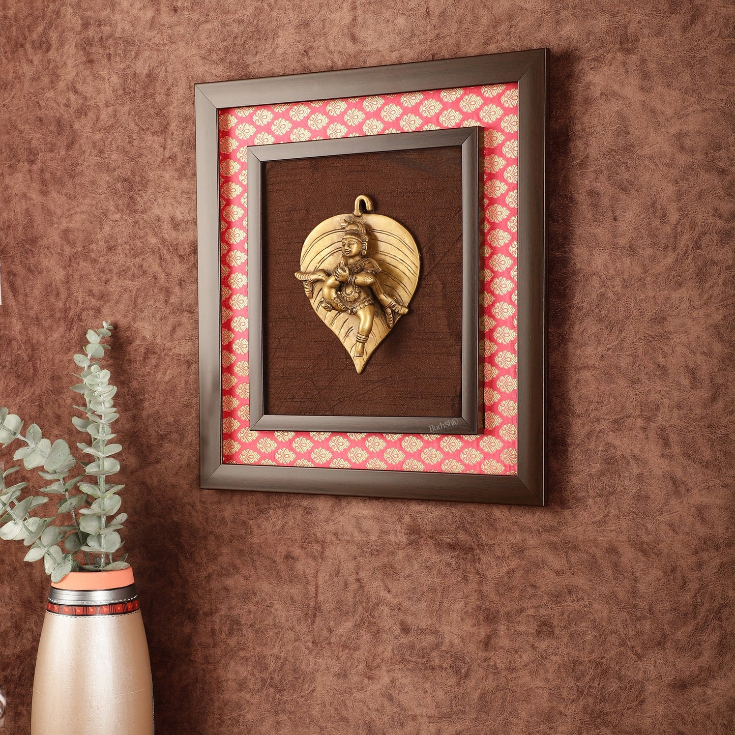 Brass Baby Krishna Baal Gopal Resting on a Leaf Hanging on Wooden Frame with Premium Fabric - 13" x 14" - Budhshiv.com