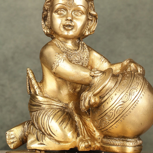 Brass Bal Gopal Makhan Chor - 7 inches | Divine Lord Krishna Idol - Budhshiv.com