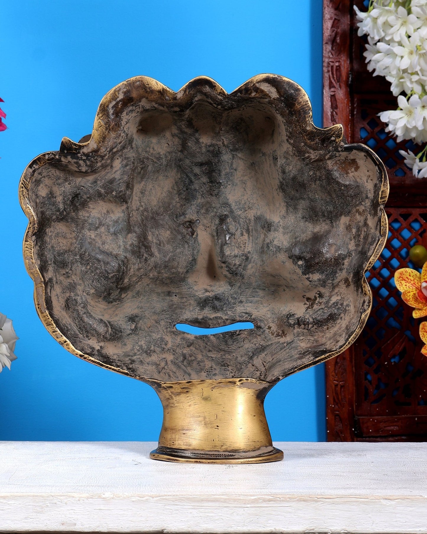 Brass Bhairava Face Bust Statue | Vintage Tone Kaal Bhairav Mukha Temple Sculpture 14 inch Rustic patina tone - Budhshiv.com