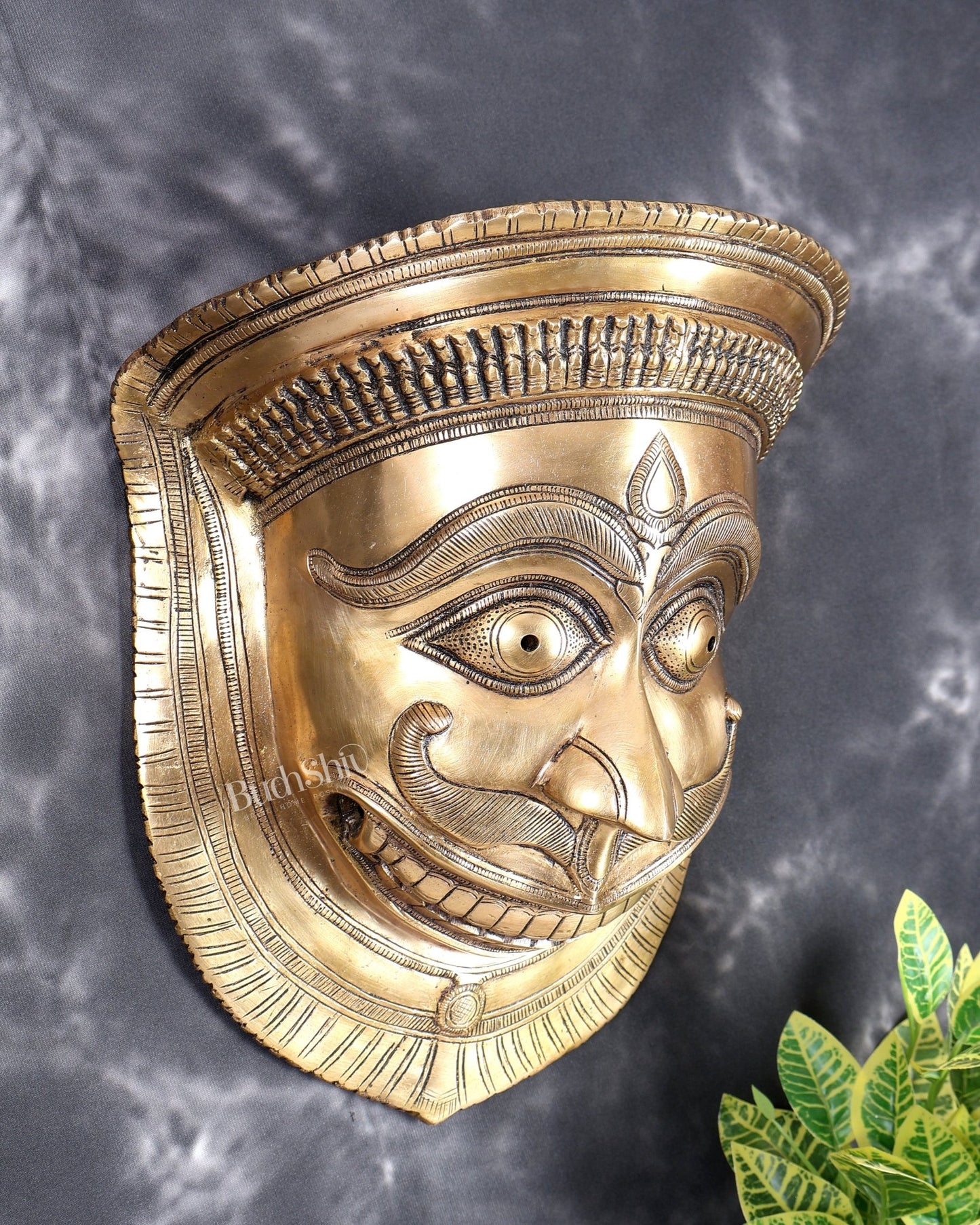 Brass Bhairava Face Mask Wall Hanging – Handcrafted Divine Guardian Artefact 12 inch - Budhshiv.com