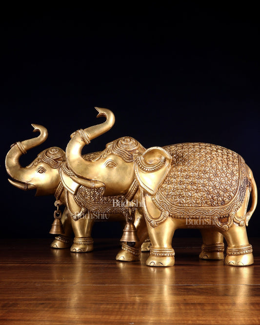Brass big Elephants pair with trunk up statues 11" - Budhshiv.com