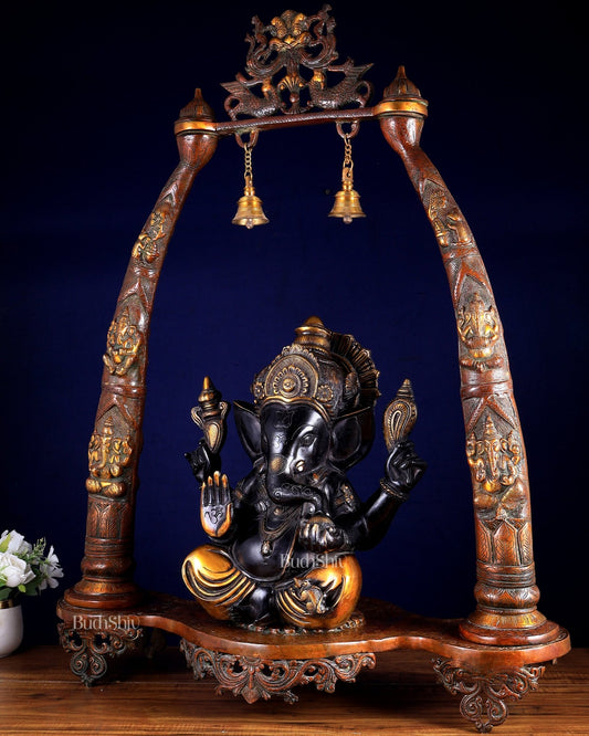 Brass Black Tone Ganesha Statue with Temple Arch Frame 35 inch - Budhshiv.com