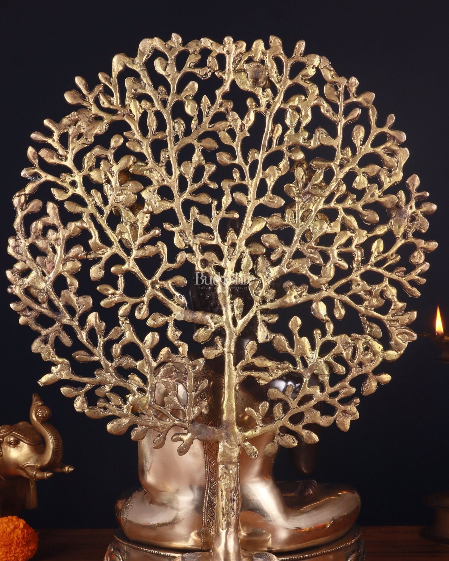 Brass Blessing Buddha with Tree Statue – Black Edition, 20 Inch, - Budhshiv.com